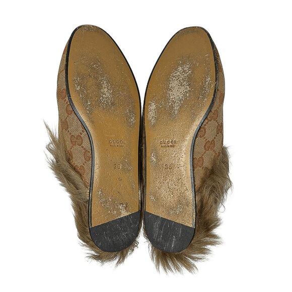 Gucci Princetown Monogram Beige GG Canvas Fur Lined Loafers Slides Size 36 - Picture 9 of 11